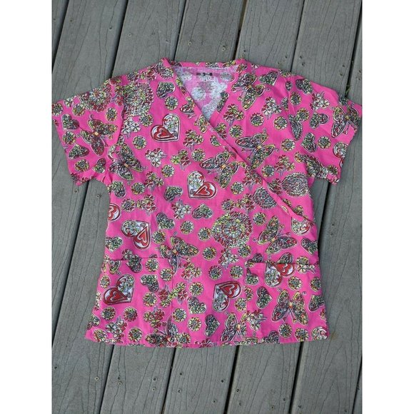 Beverly Hill Uniform Scrub Top med New Nursing Medical Pink Paisley  V Neck - Picture 1 of 4